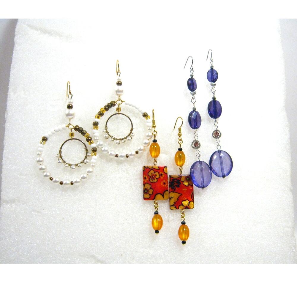 3 pair Handcrafted Earrings White Pearl Hoops Painted Floral Purple Long Drops